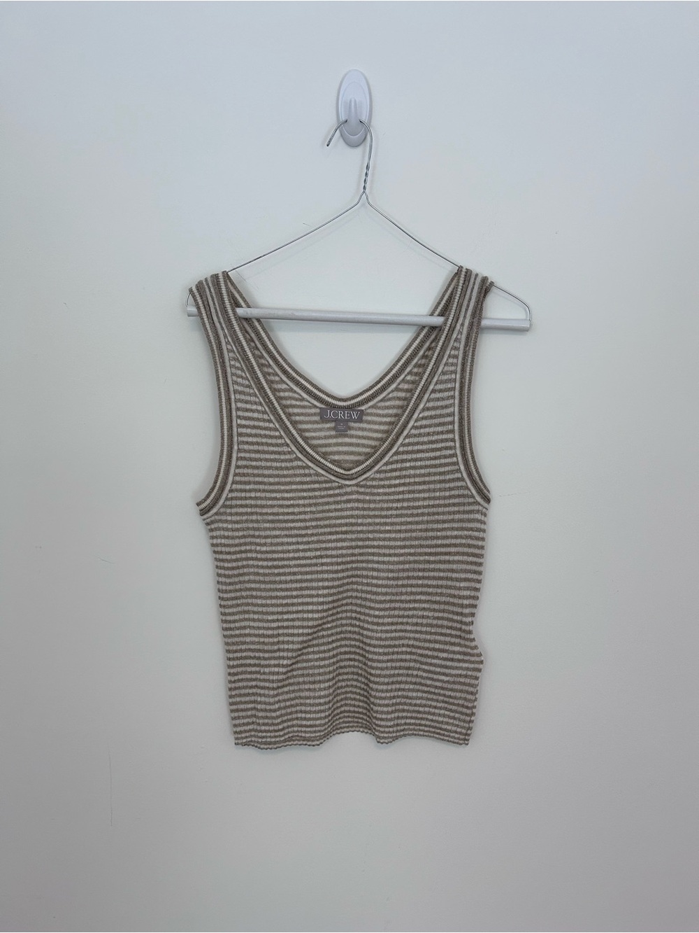 J. Crew Striped V‑Neck Knit Tank — Beige & White